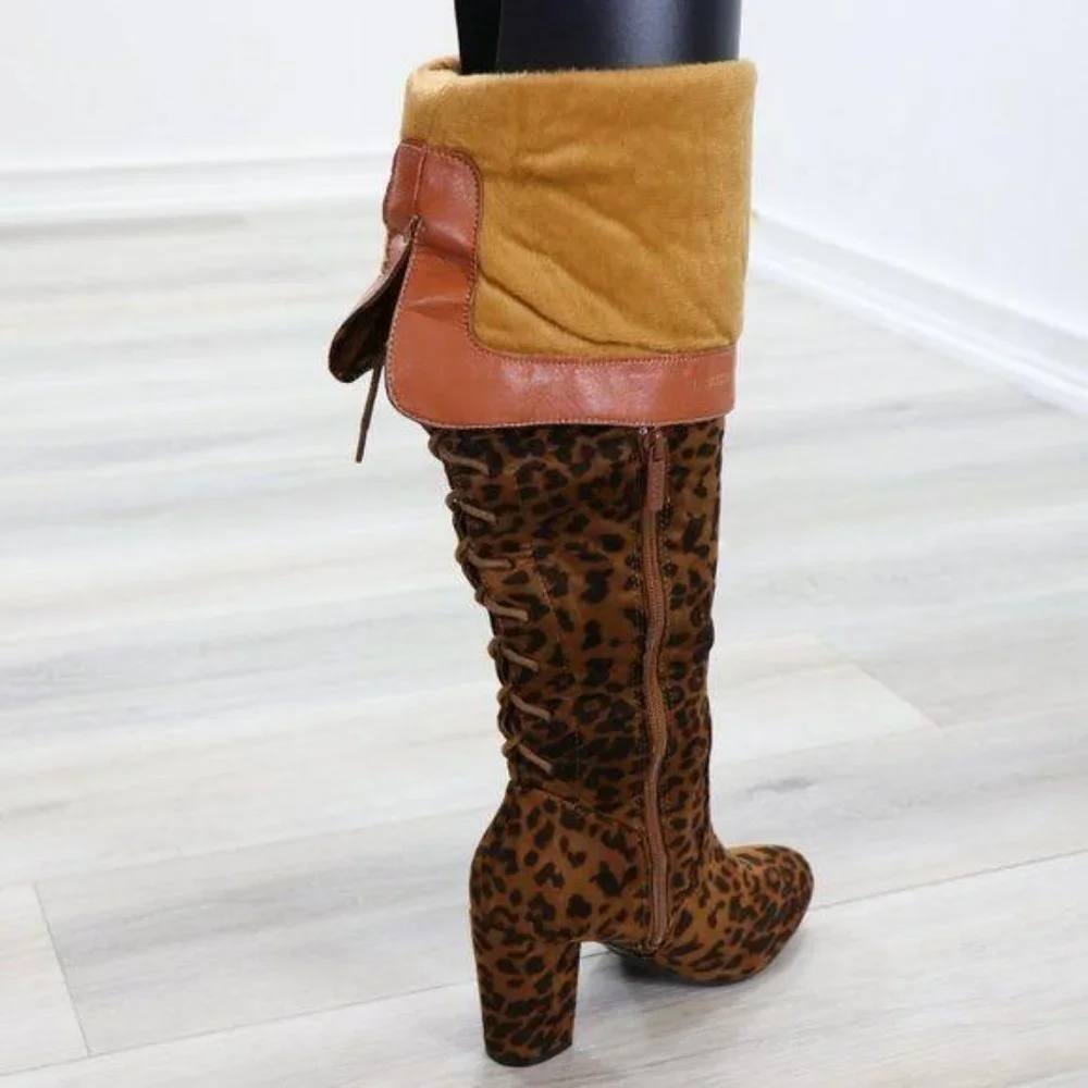Suede Leopard Thigh High Heeled Boots Back Laces - Picture 13 of 15